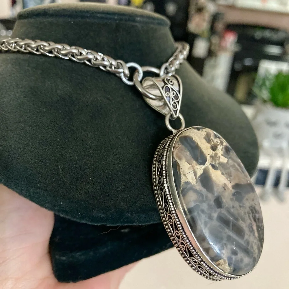 925 Sterling silver overlay marble jasper charm gemstone boho necklace - Picture 3 of 11